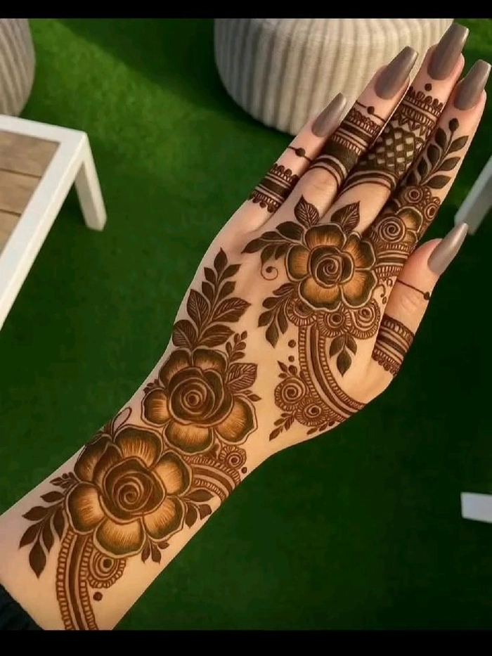 3d rose mehndi design back hand