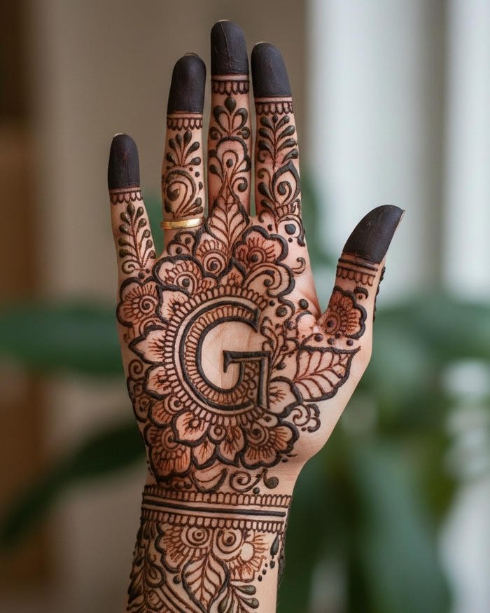 G letter mehndi design floral curve style for hands