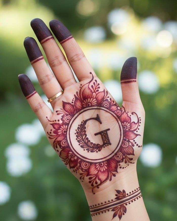 G letter mehndi design simple clean alphabet henna