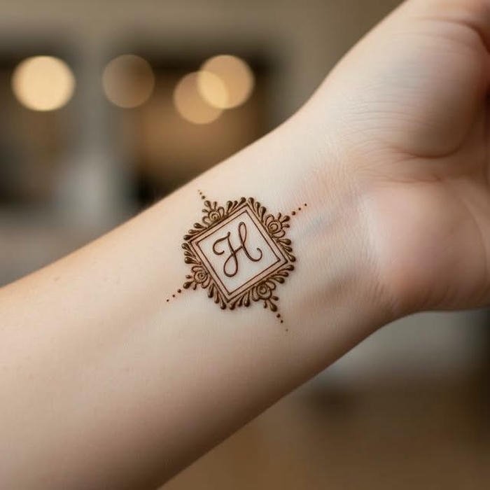 H mehndi design modern minimal initial for girls