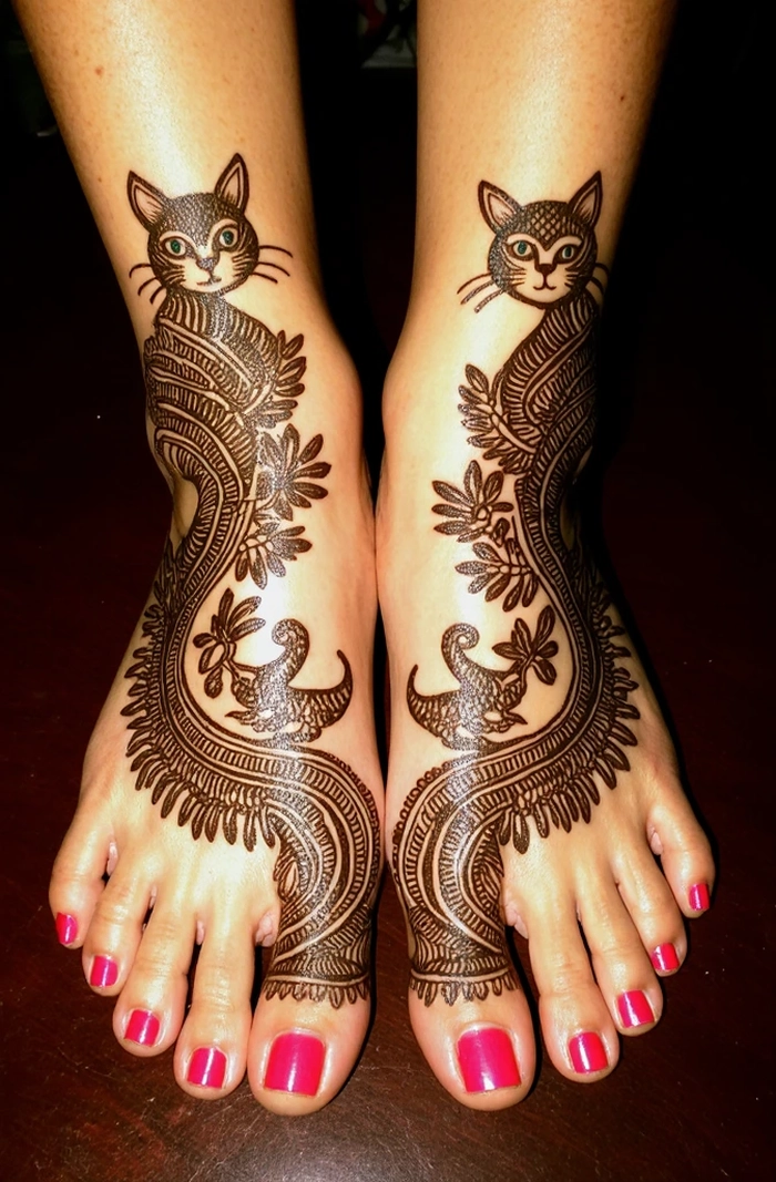 cat cartoon mehndi design foot