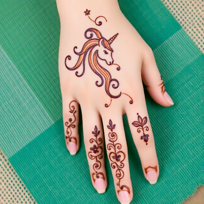 unicorn back hand mehndi design