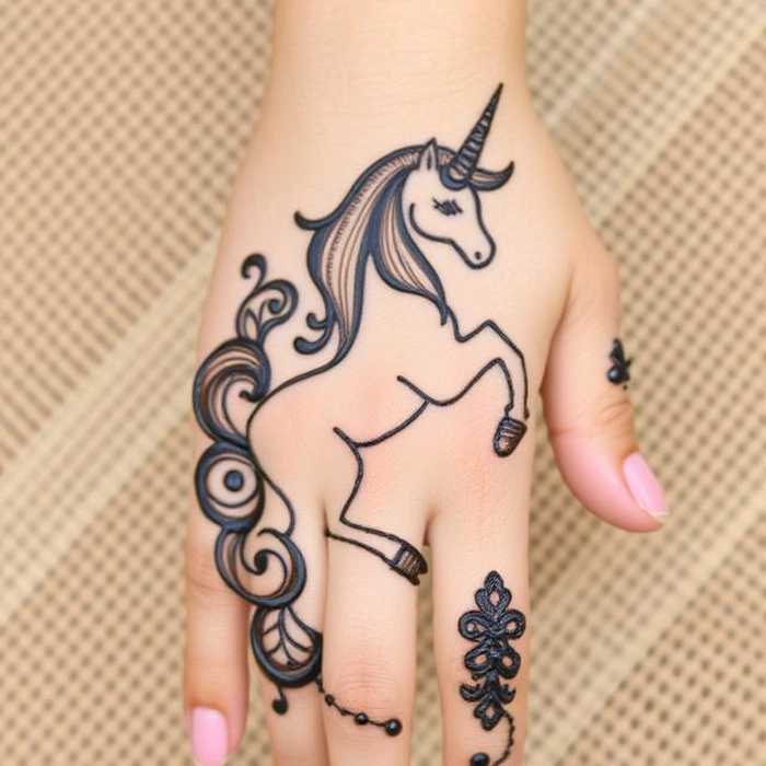 unicorn mehndi design back hand