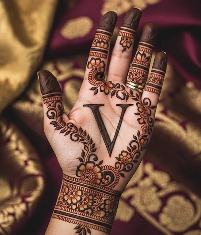 v shape mehndi design front hand