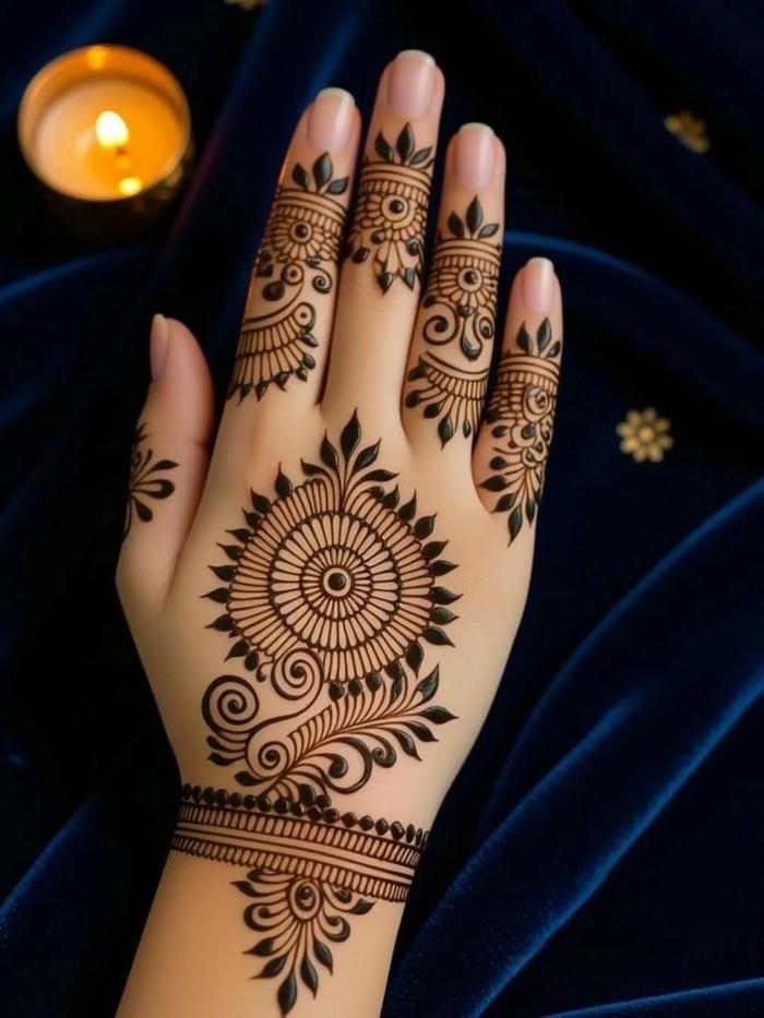 Mehndi Design Upper Hand neat symmetrical henna illustration