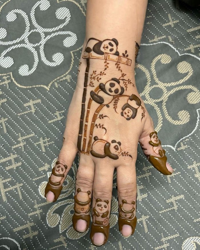Panda Mehndi Design modern cute animal henna concept