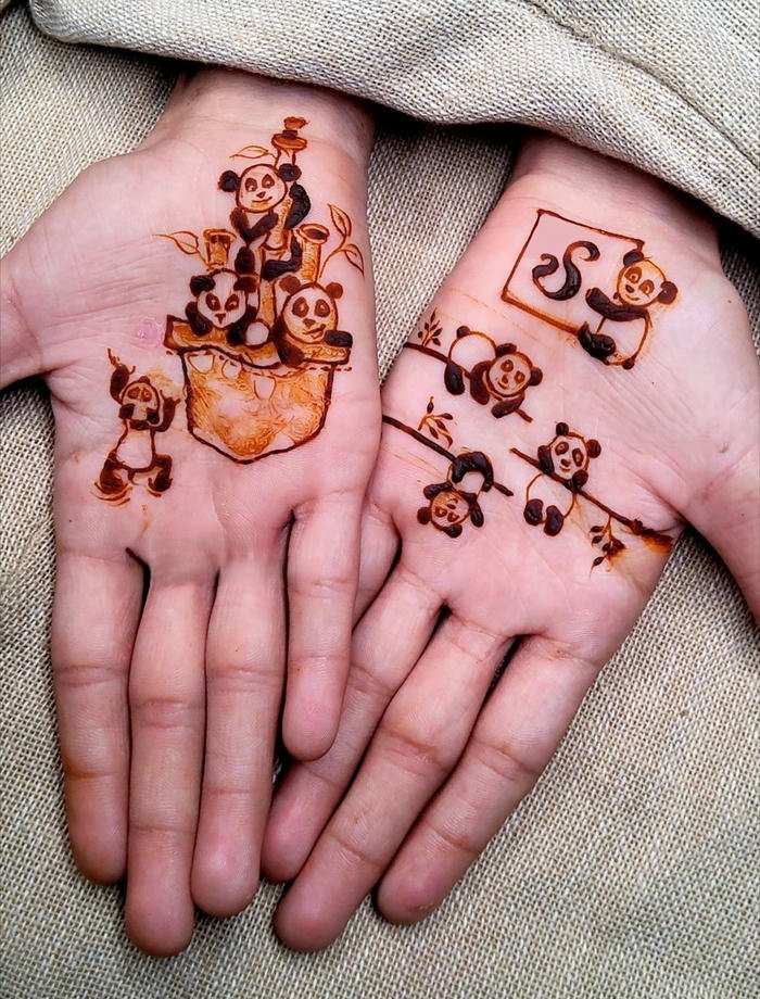 Panda Mehndi Design playful cartoon style henna artwork