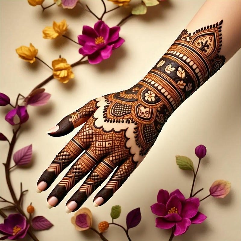 Unique Mehndi Design Front Hand floral detailed art
