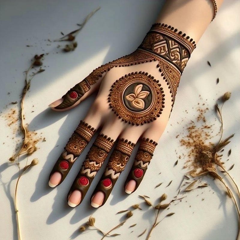 Unique Mehndi Design Front Hand traditional modern fusion