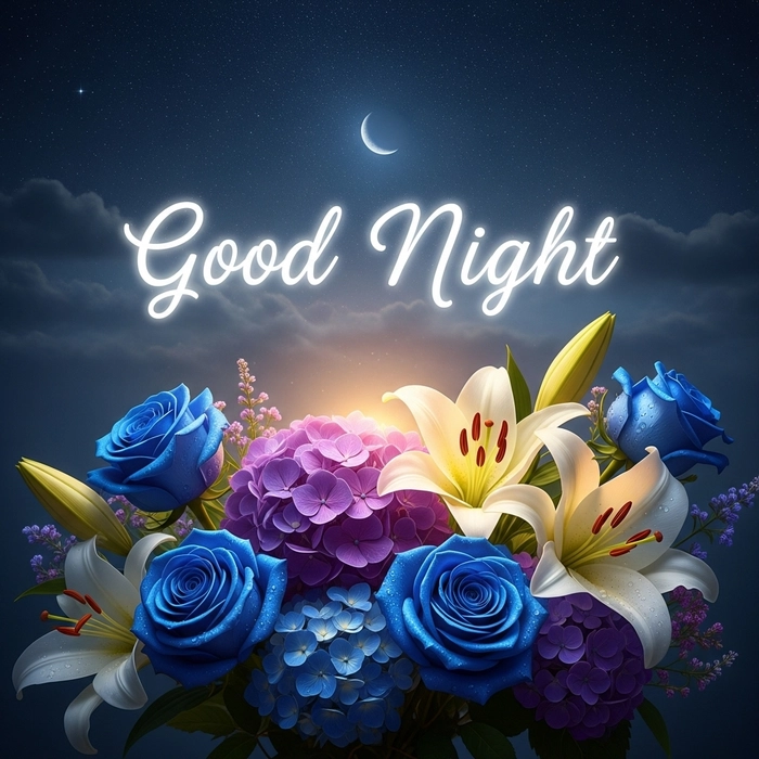 good night images with moon and flowers