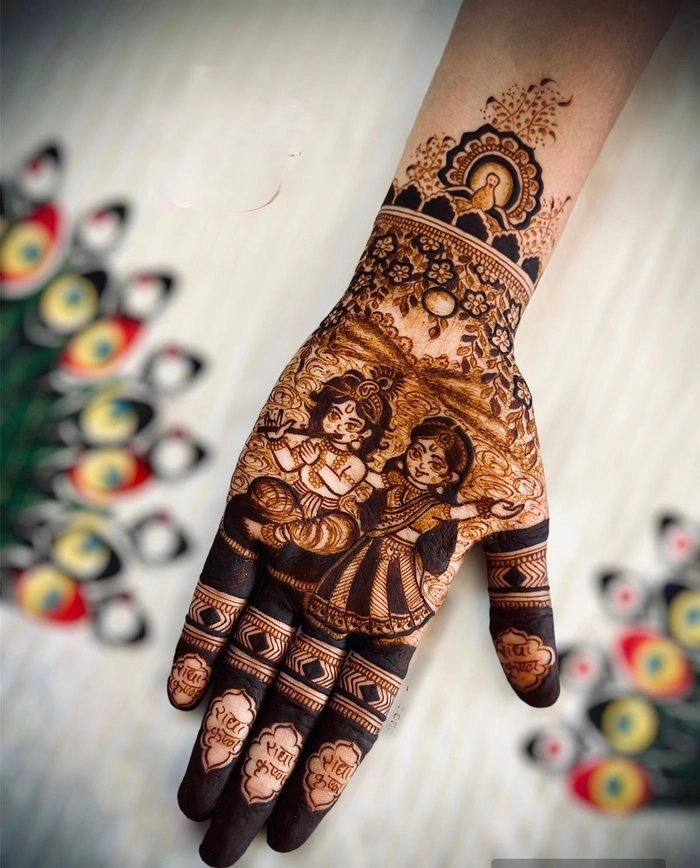 radha krishna likha hua mehndi design