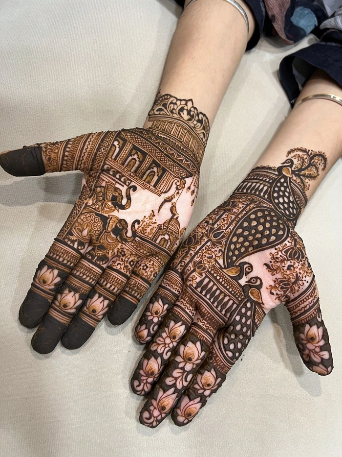stylish modern rajasthani full hand mehndi design