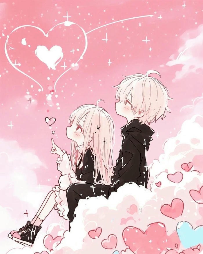 Anime couple sitting on pink clouds cute love images.