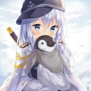 Anime girl avatar holding cute penguin in winter