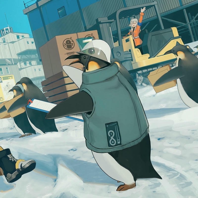Anime penguin art group scene in snowy landscape