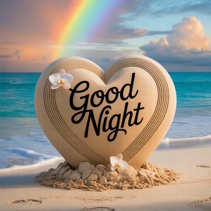 Beautiful night beach sand heart rainbow sunset view photo