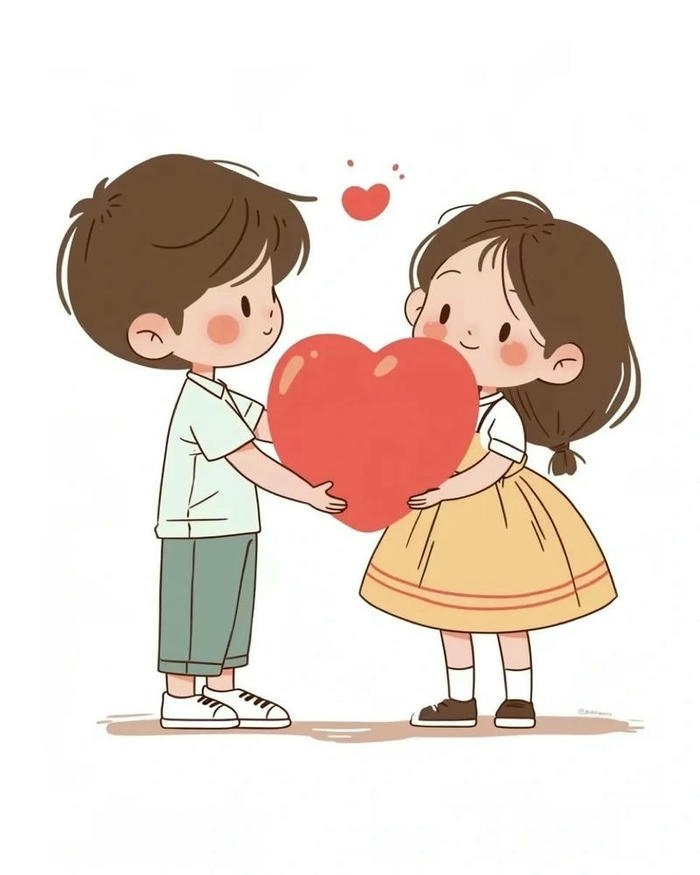 Cartoon boy giving big red heart to girl illustration.