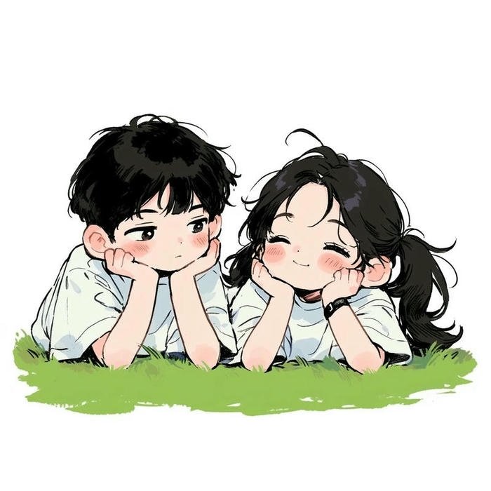 Cartoon couple lying on green grass cute love images.