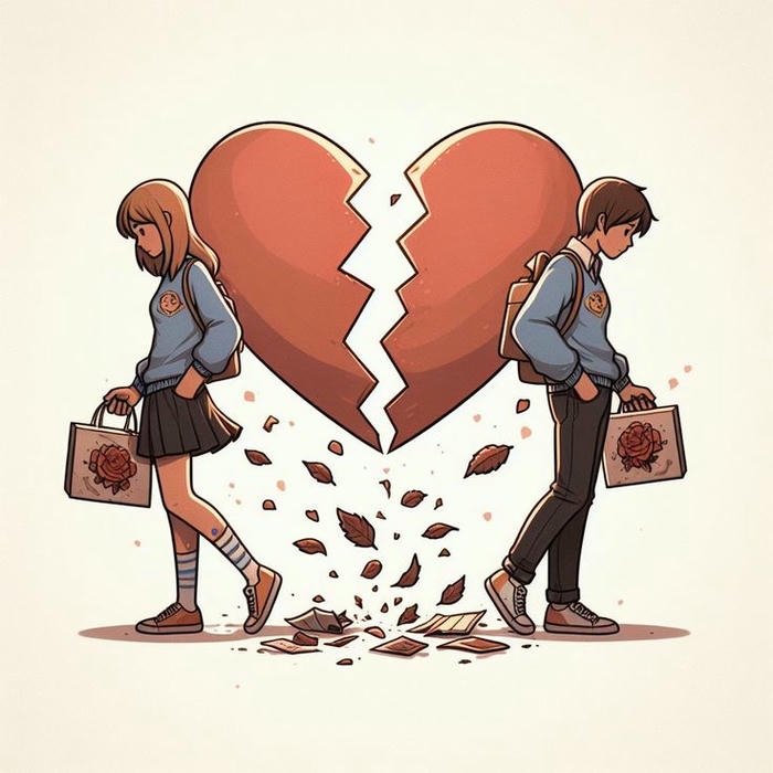 Cartoon couple walking away broken heart background art.
