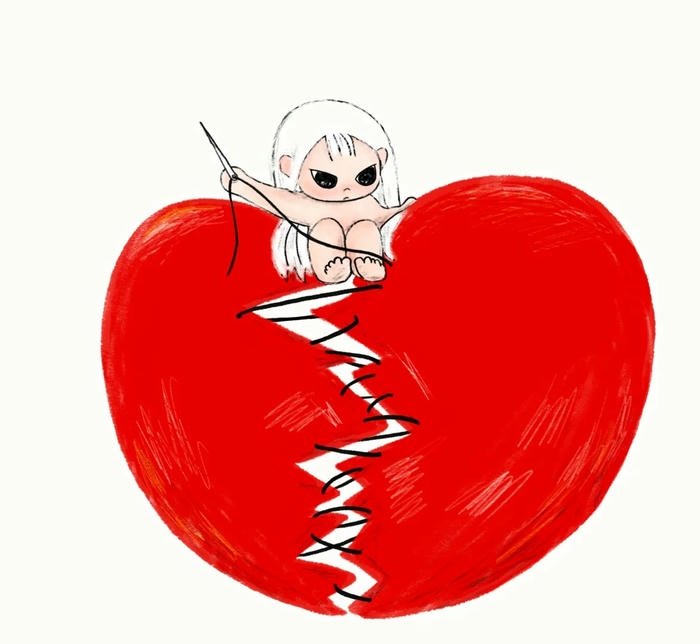 Cartoon cupid fixing red broken heart bandage art.