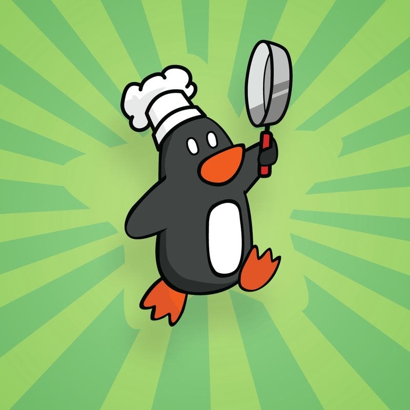 Cartoon penguin chef flipping pancake on green background