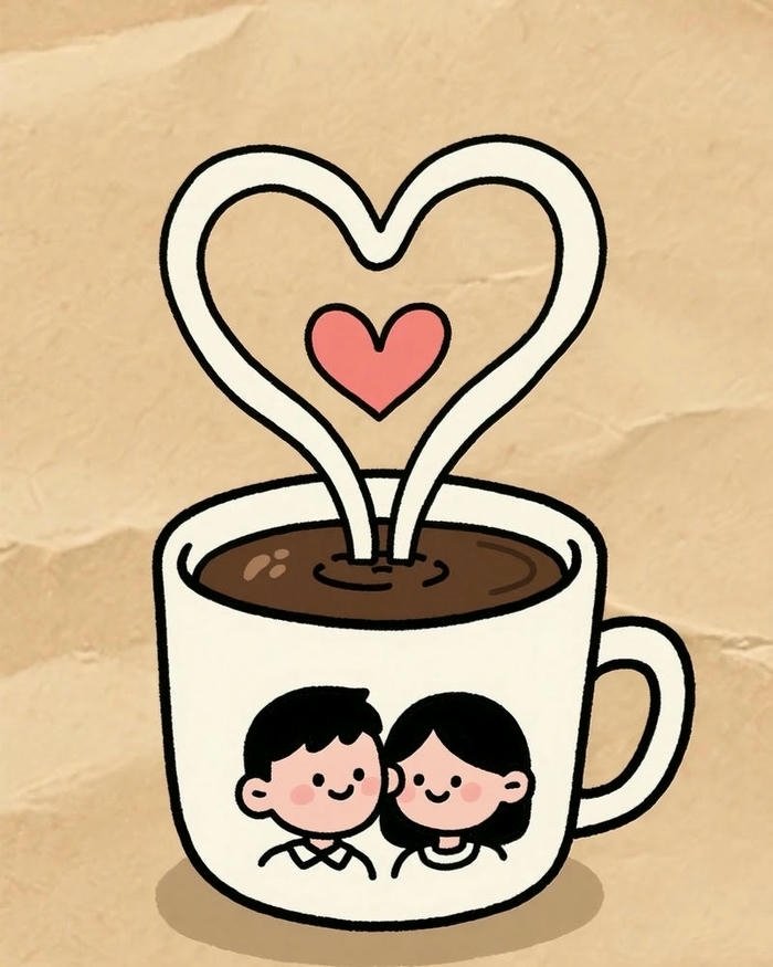 Coffee cup with heart steam and couple cute love images.