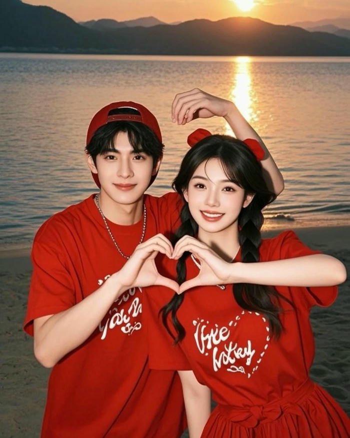 Couple in red shirts making hand heart gesture photo.