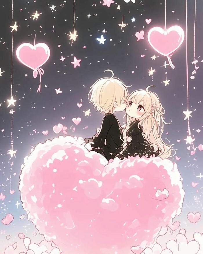 Couple looking at starry night sky romantic anime wallpaper.