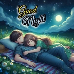 Couple lying grass moonlit night romantic view art scene