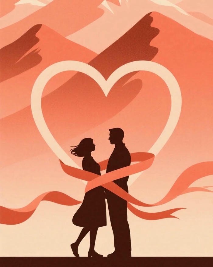 Couple silhouette inside orange heart frame romantic vector art.