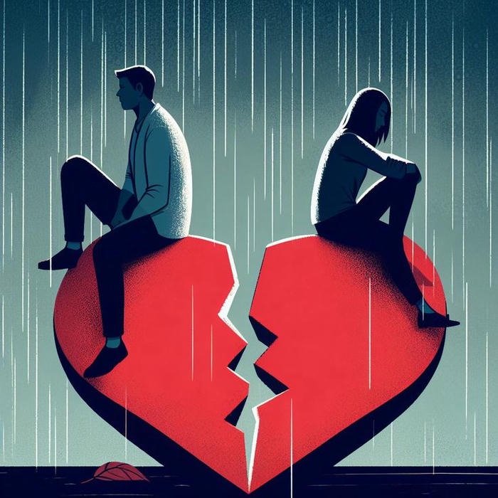 Couple sitting giant broken red heart sad art.