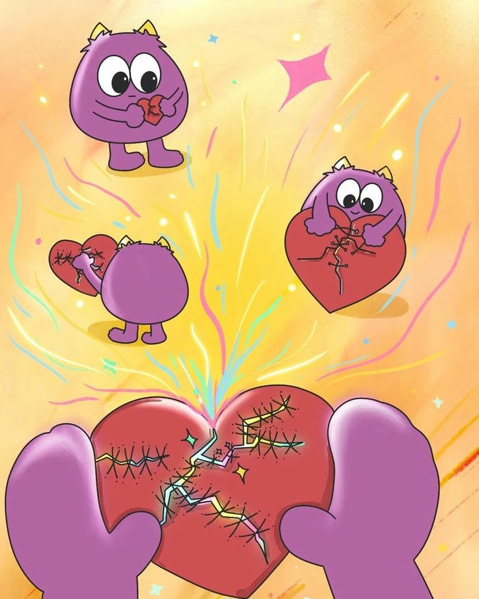 Cute purple characters sad broken heart cartoon art.