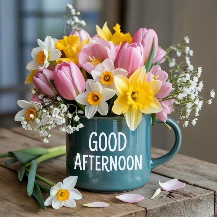 Good afternoon images love colorful flowers blue mug bright