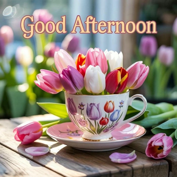 Good afternoon images love tea cup tulips fresh garden