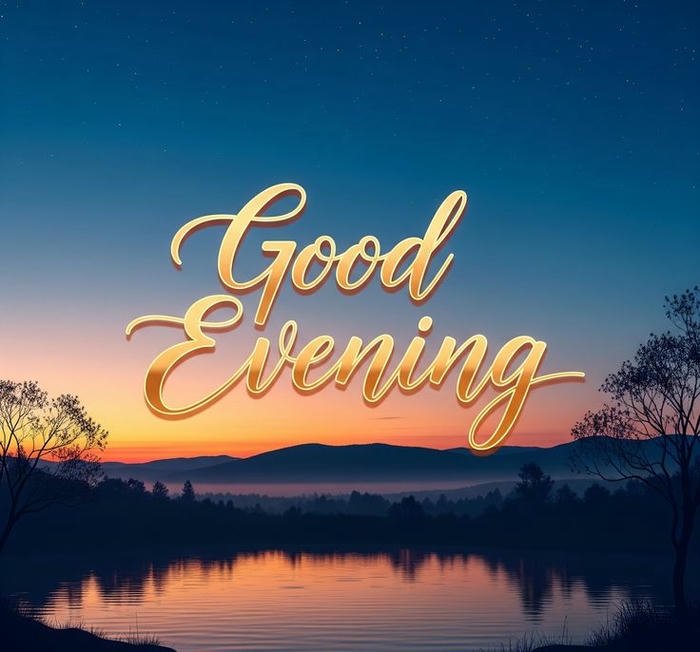 Good evening love image blue lake sunset gold text view.