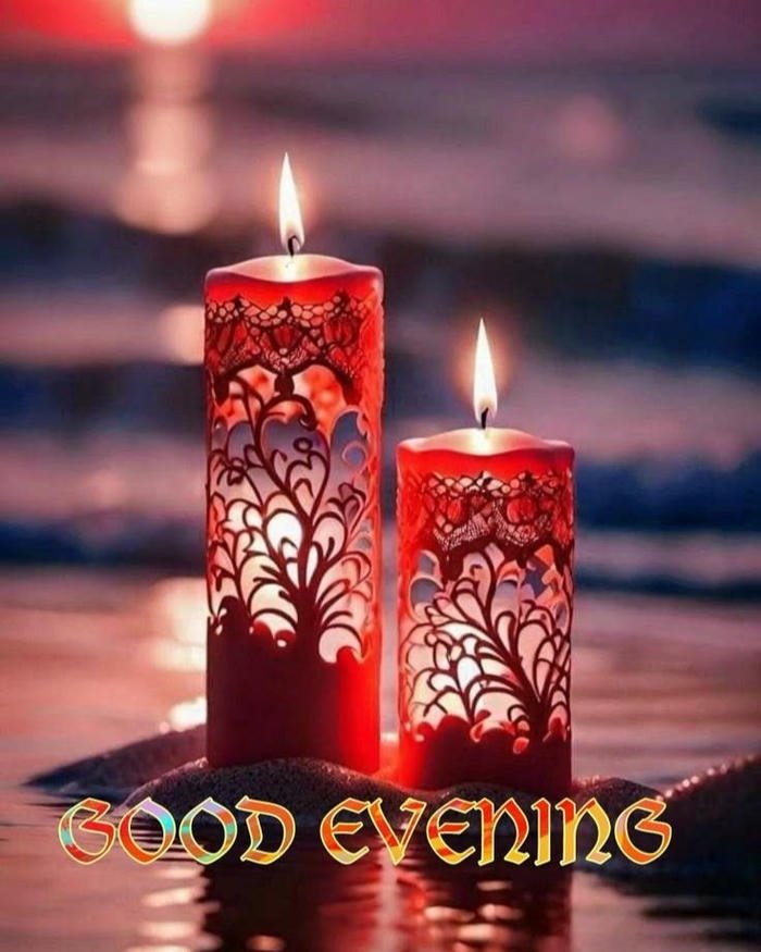 Good evening love image red candles sunset ocean romantic vibes.
