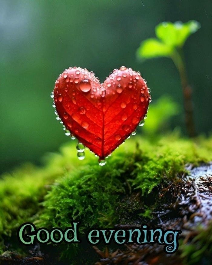 Good evening love image red heart moss nature green background.
