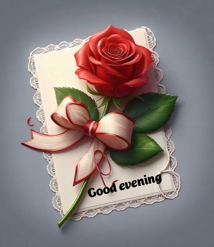 Good evening love image red rose on romantic envelope card.