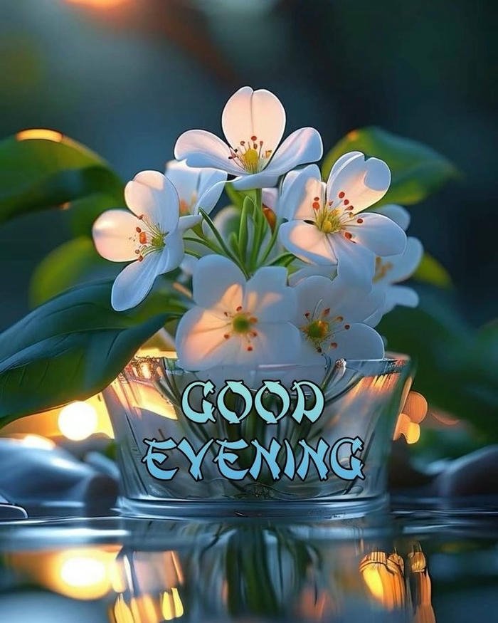 Good evening love image white flowers glass jar blue light.