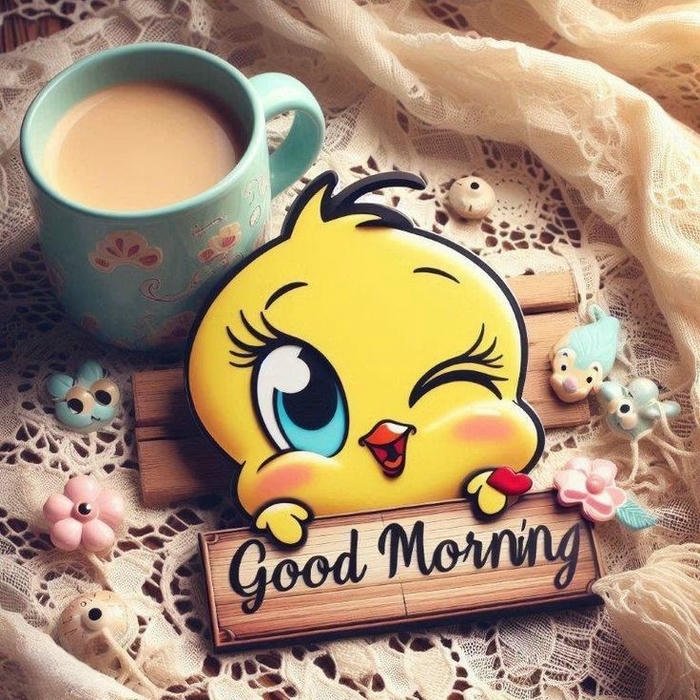 Good morning my love images yellow bird coffee cup wood