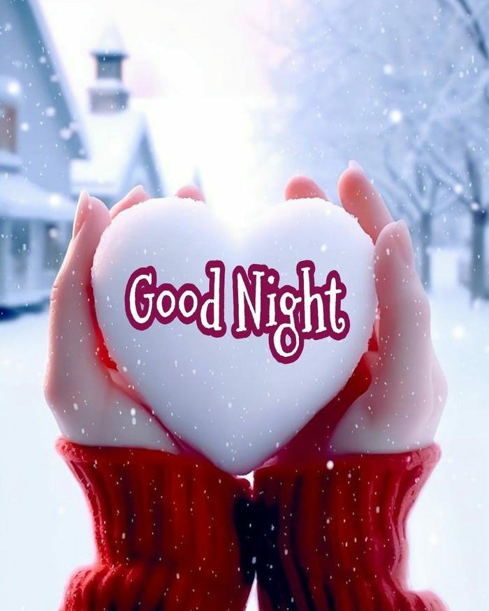 Hands holding glowing heart snow winter night view art