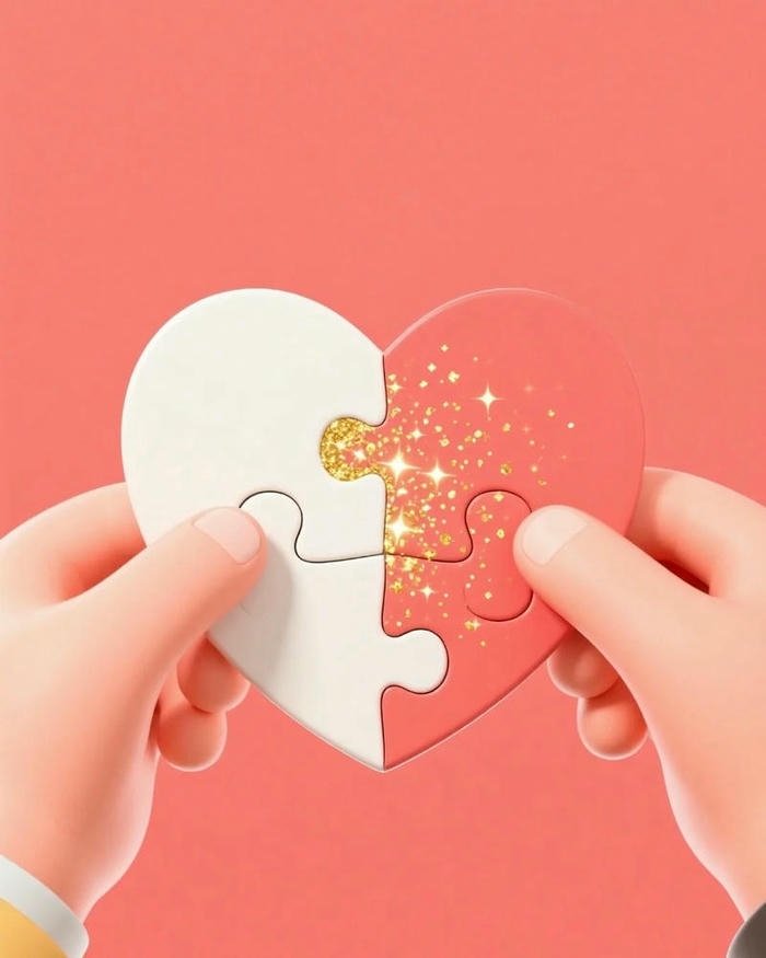 Hands putting together a red heart puzzle piece concept.