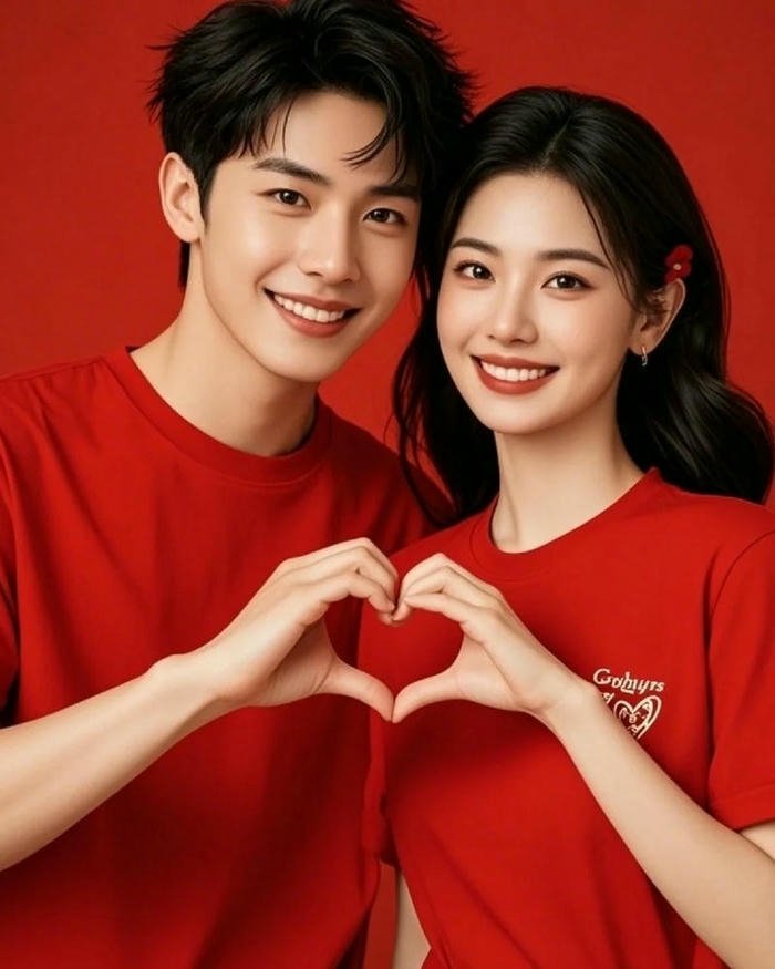 Happy asian couple wearing red shirts cute love images.