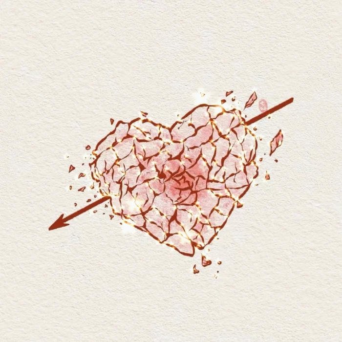 Heart made of words breaking apart sketch art.