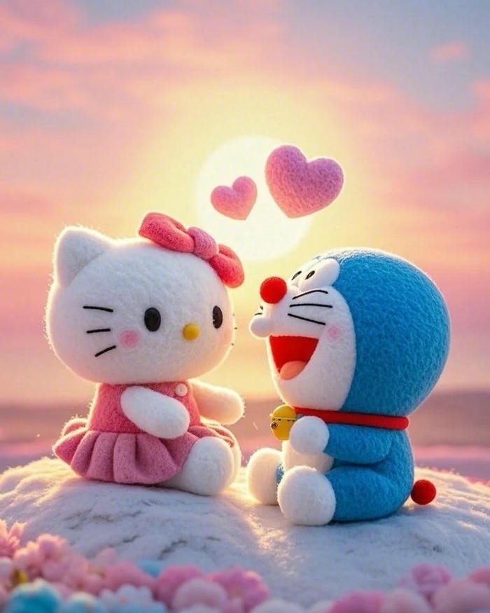 Hello Kitty and Doraemon sitting together cute love images.