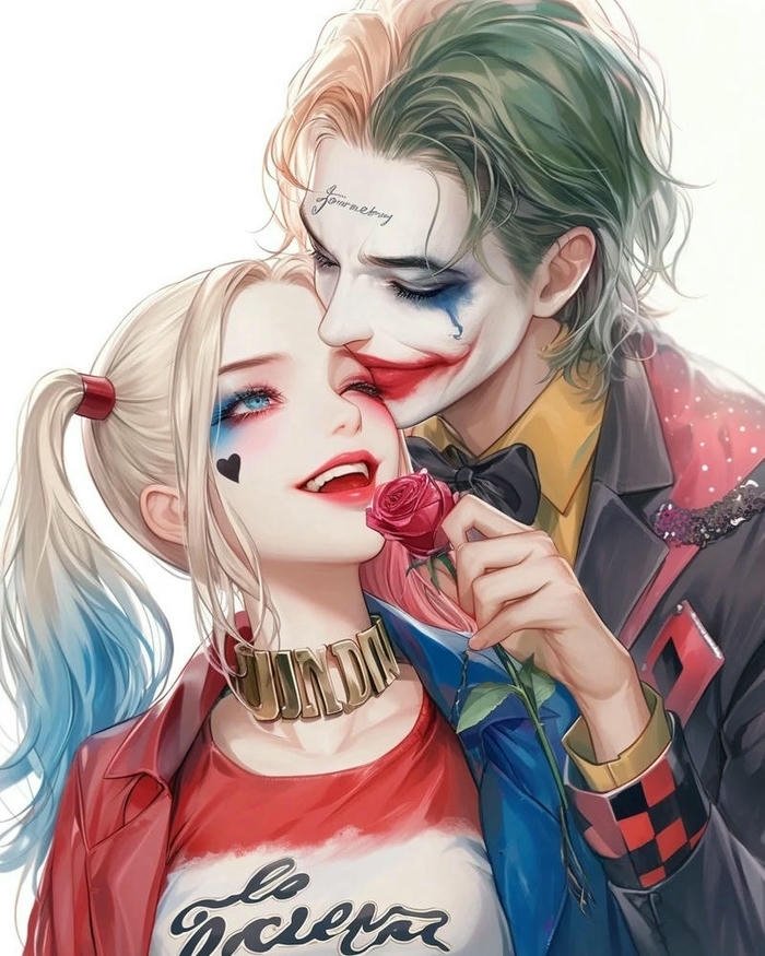 Joker and Harley Quinn anime style romantic couple art.