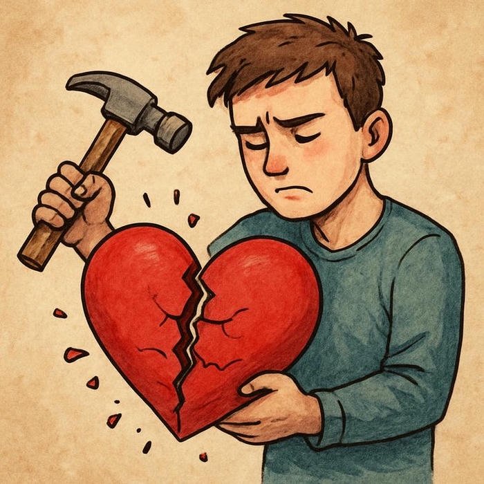 Love breakup images cartoon boy repairing broken heart hammer.