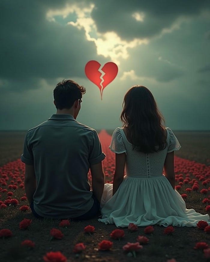 Love breakup images couple sitting apart field red balloon.