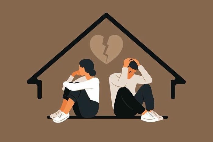 Love breakup images couple sitting inside house broken heart.