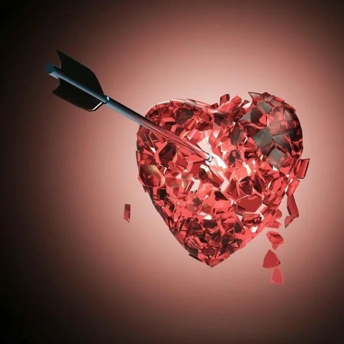 Love breakup images crystal heart shattering arrow dark background.